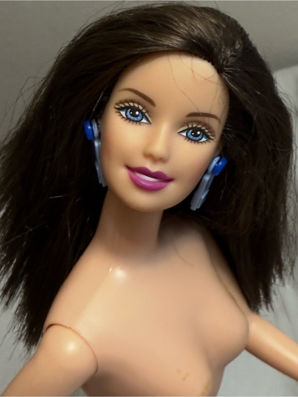 Barbie Mattel Black Hair Blue Eyes Vintage Doll Blue Earrings Nude